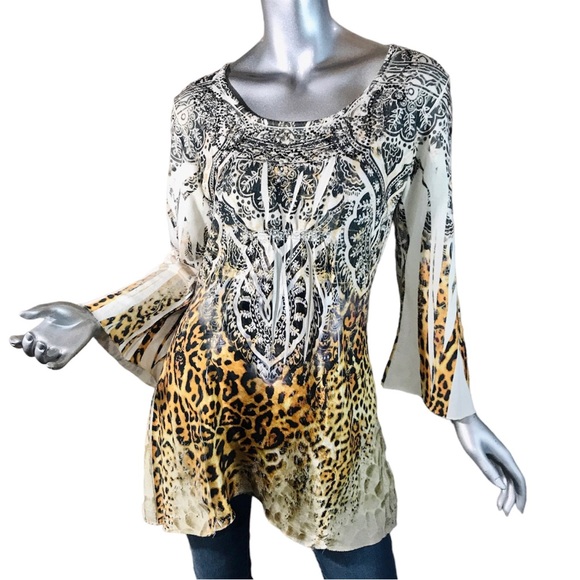 Bleu Womens Small Top Animal Print Flowy Y2K Colorful Stretch Knit Tunic Mandala - Picture 1 of 16